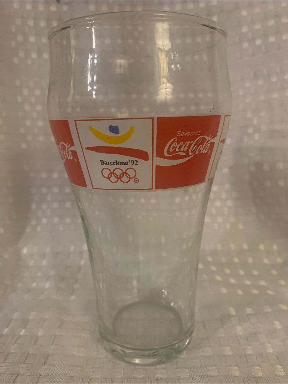 Coca Cola Clear Glass with Red Barcelona '92 Logo band for the 92 Olympics.